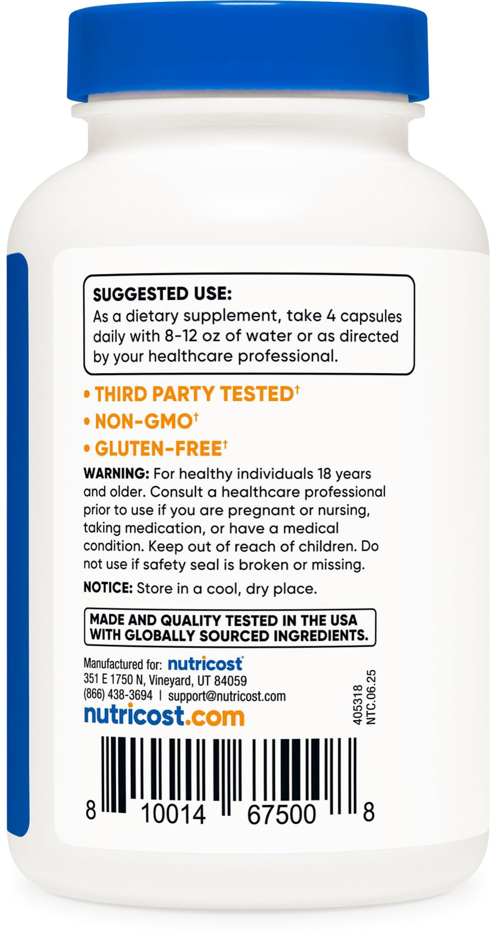 Nutricost L-Leucine ingredients panel highlighting vegetarian and gluten-free qualities.