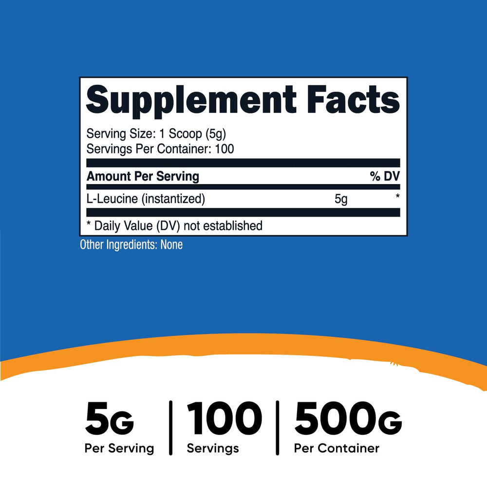 Nutricost L-Leucine powder scoop highlights convenient servings for training.
