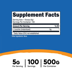 Nutricost L-Leucine powder scoop highlights convenient servings for training.