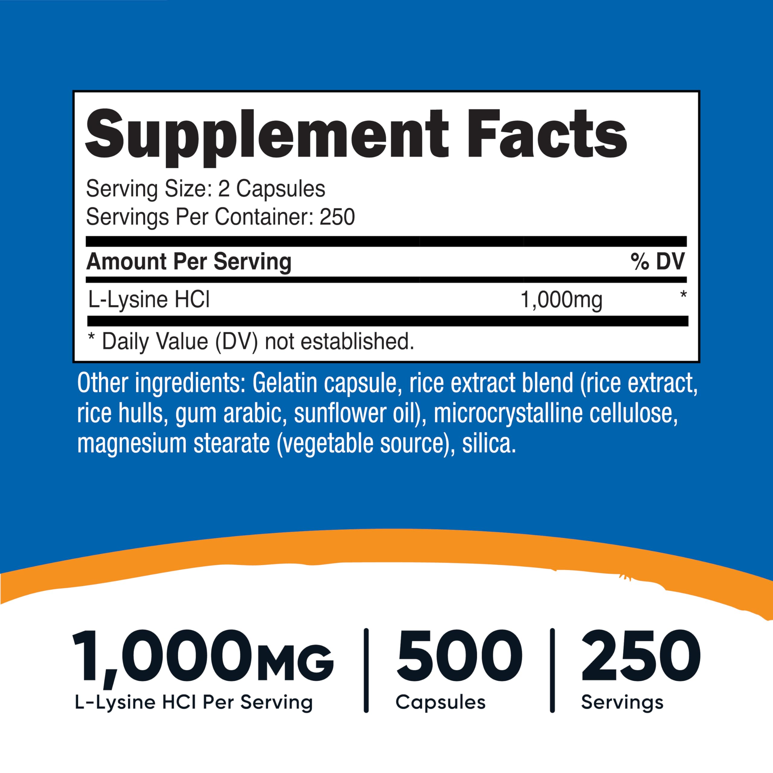 Nutricost L-Lysine bottle label shows ingredients and potency for easy checks.