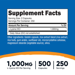 Nutricost L-Lysine bottle label shows ingredients and potency for easy checks.