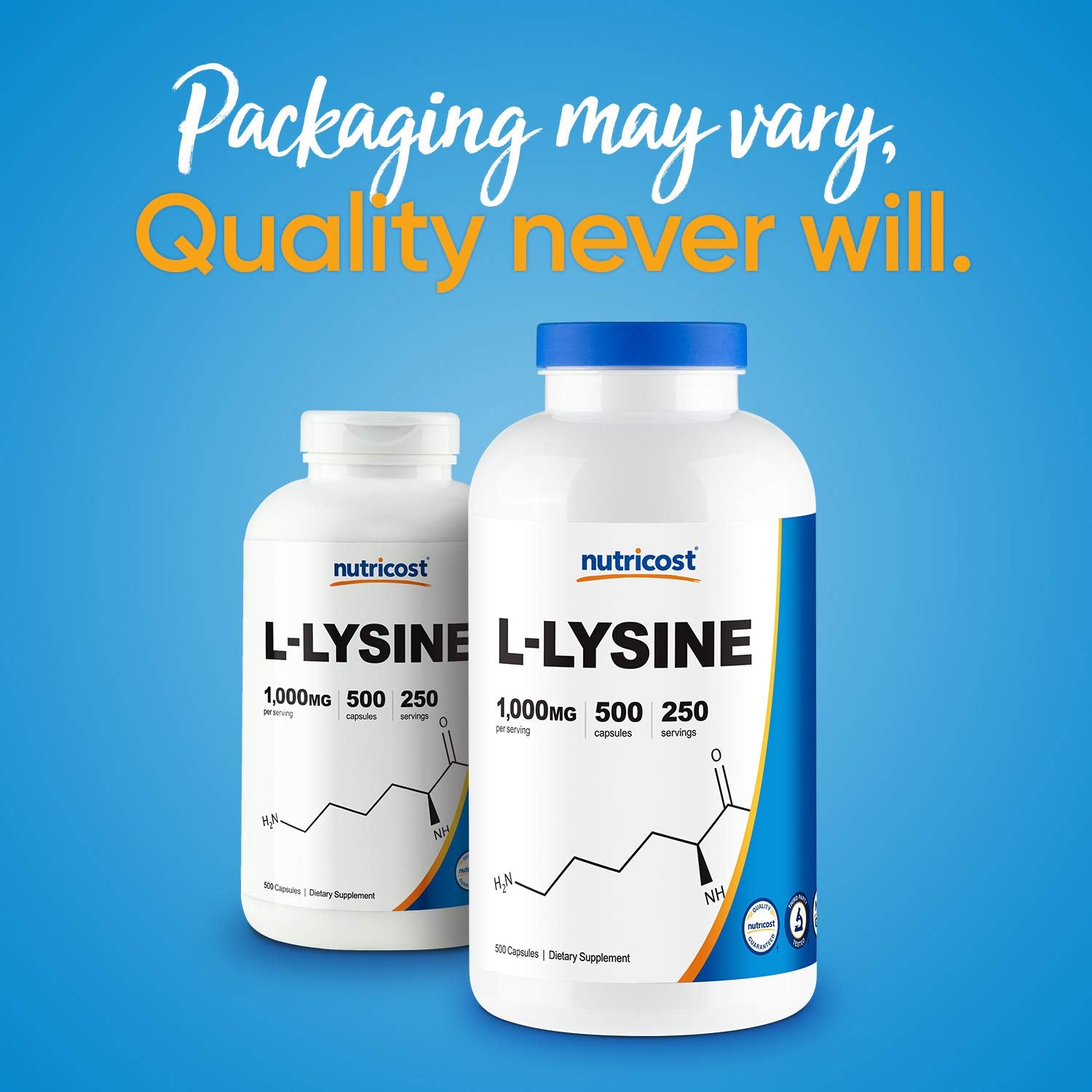 Nutricost L-Lysine facility certification image communicates GMP and FDA registration.