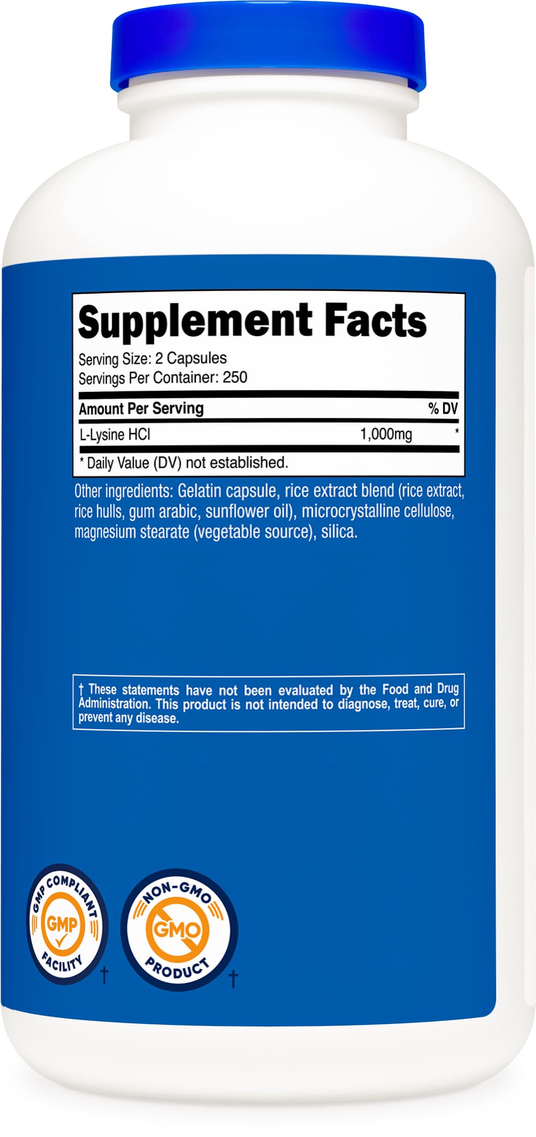 Nutricost L-Lysine non-GMO icon highlights product integrity.