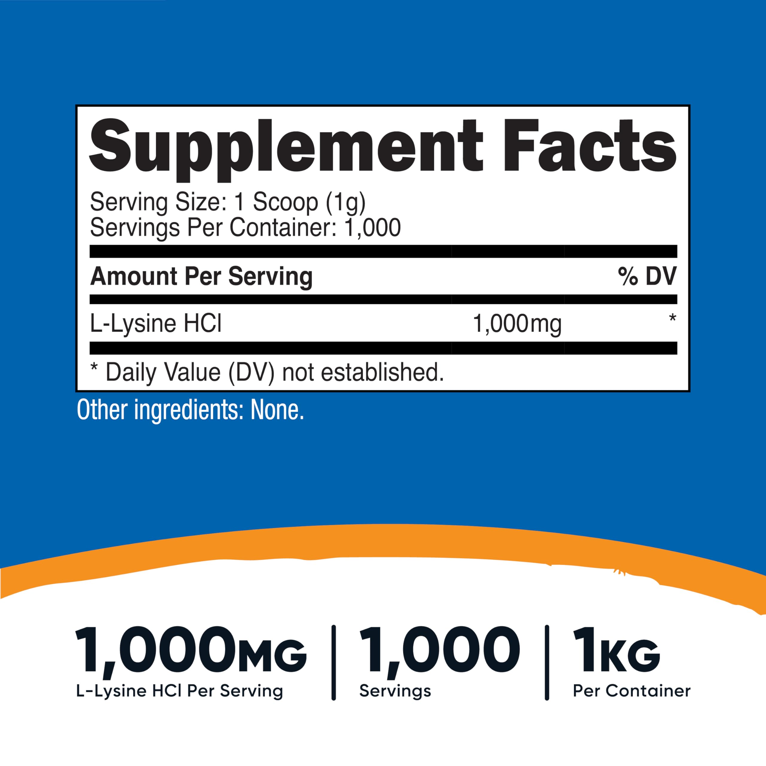 Nutricost L-Lysine powder scoop demonstrates convenient 1 gram servings.