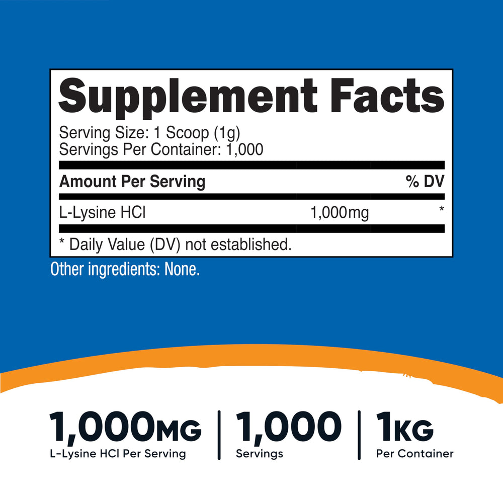 Nutricost L-Lysine powder scoop demonstrates convenient 1 gram servings.