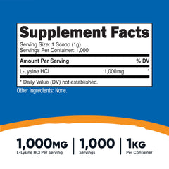 Nutricost L-Lysine powder scoop demonstrates convenient 1 gram servings.