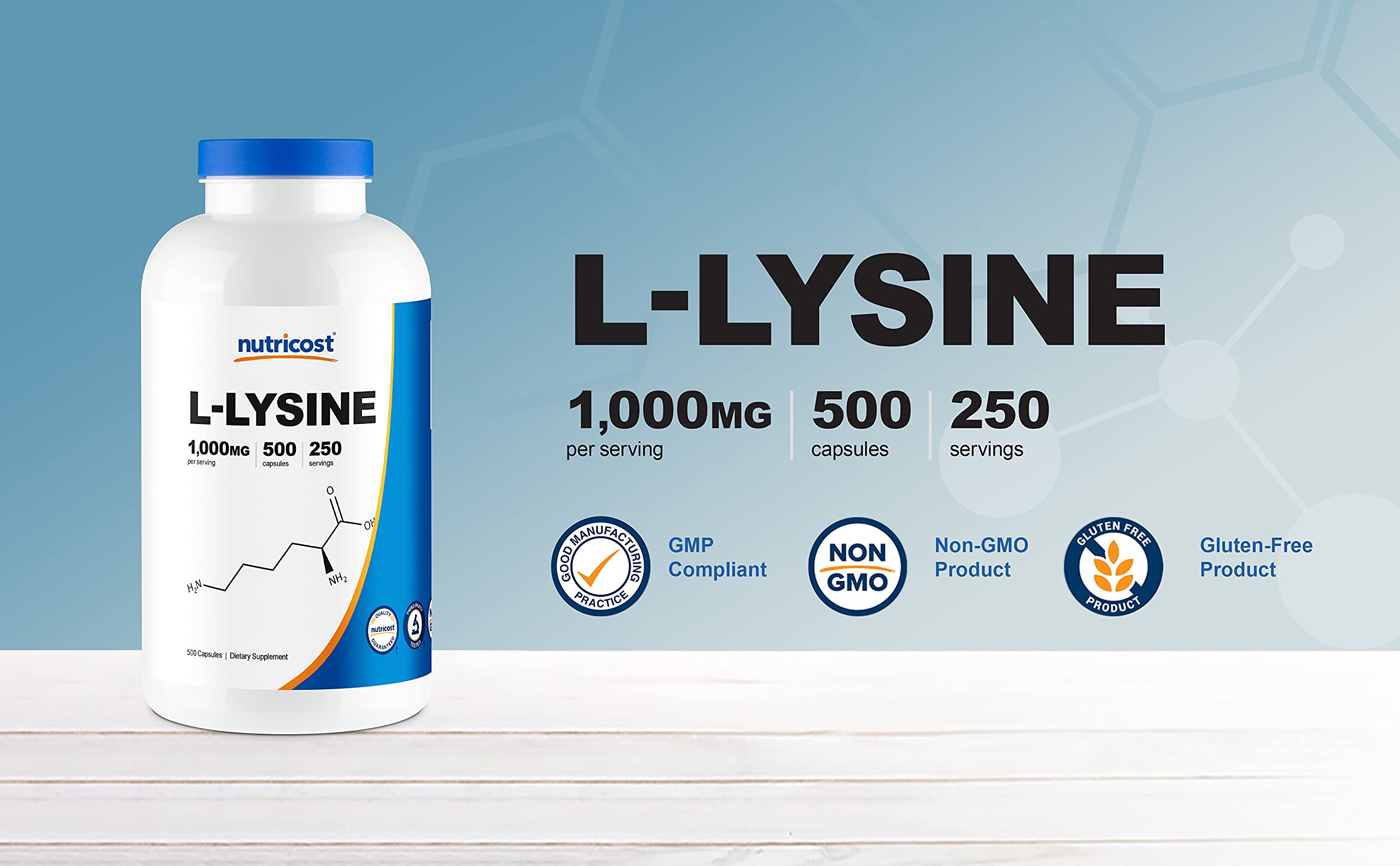 Nutricost L-Lysine serving two capsules illustrates 1000mg serving option.