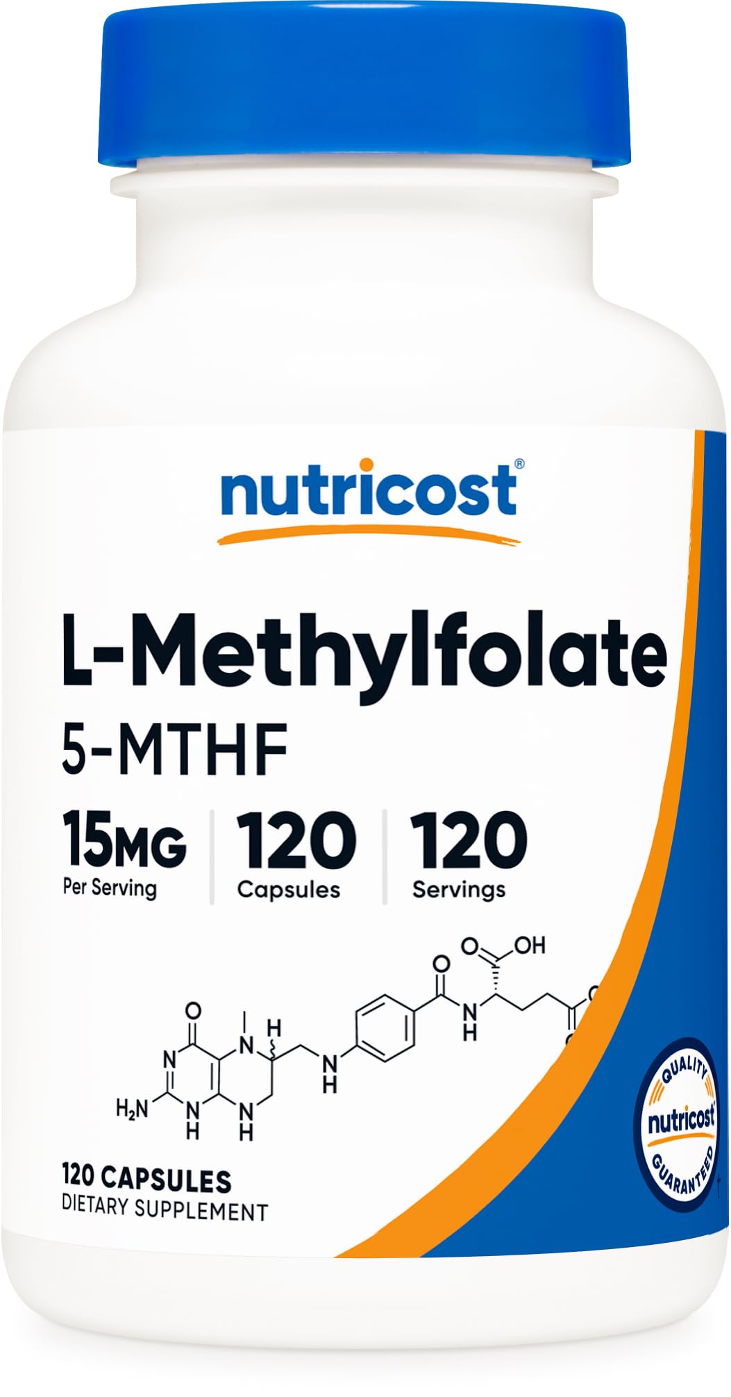 Nutricost L-Methylfolate bottle front supports daily wellness.