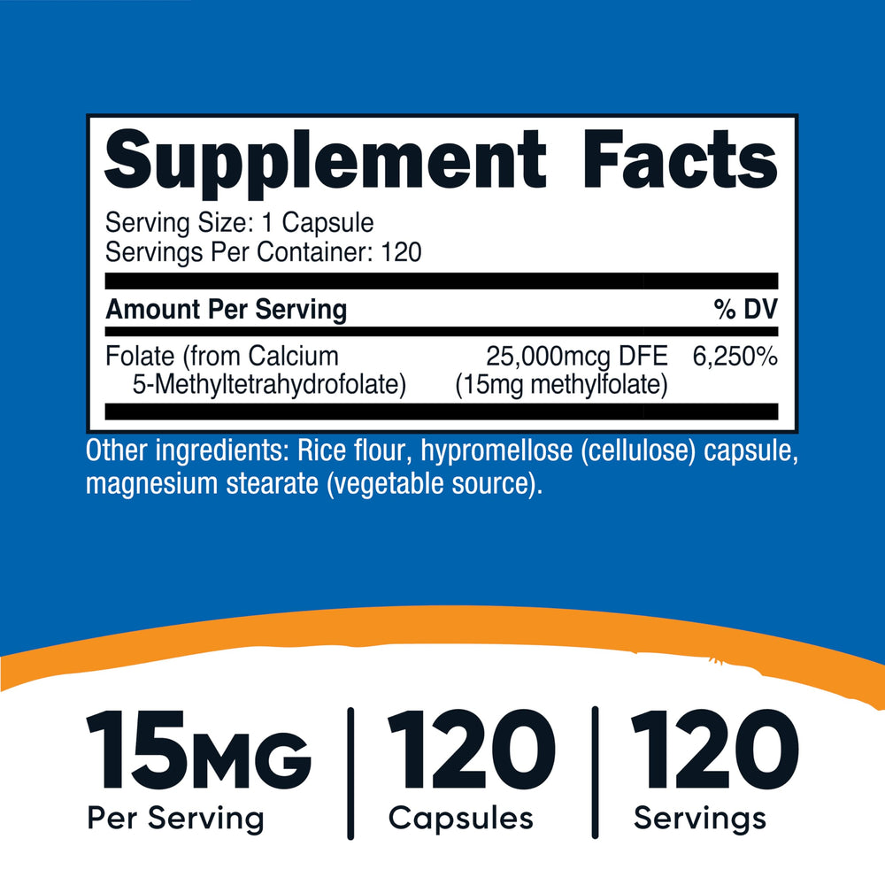 Nutricost L-Methylfolate capsules closeup highlights high potency.