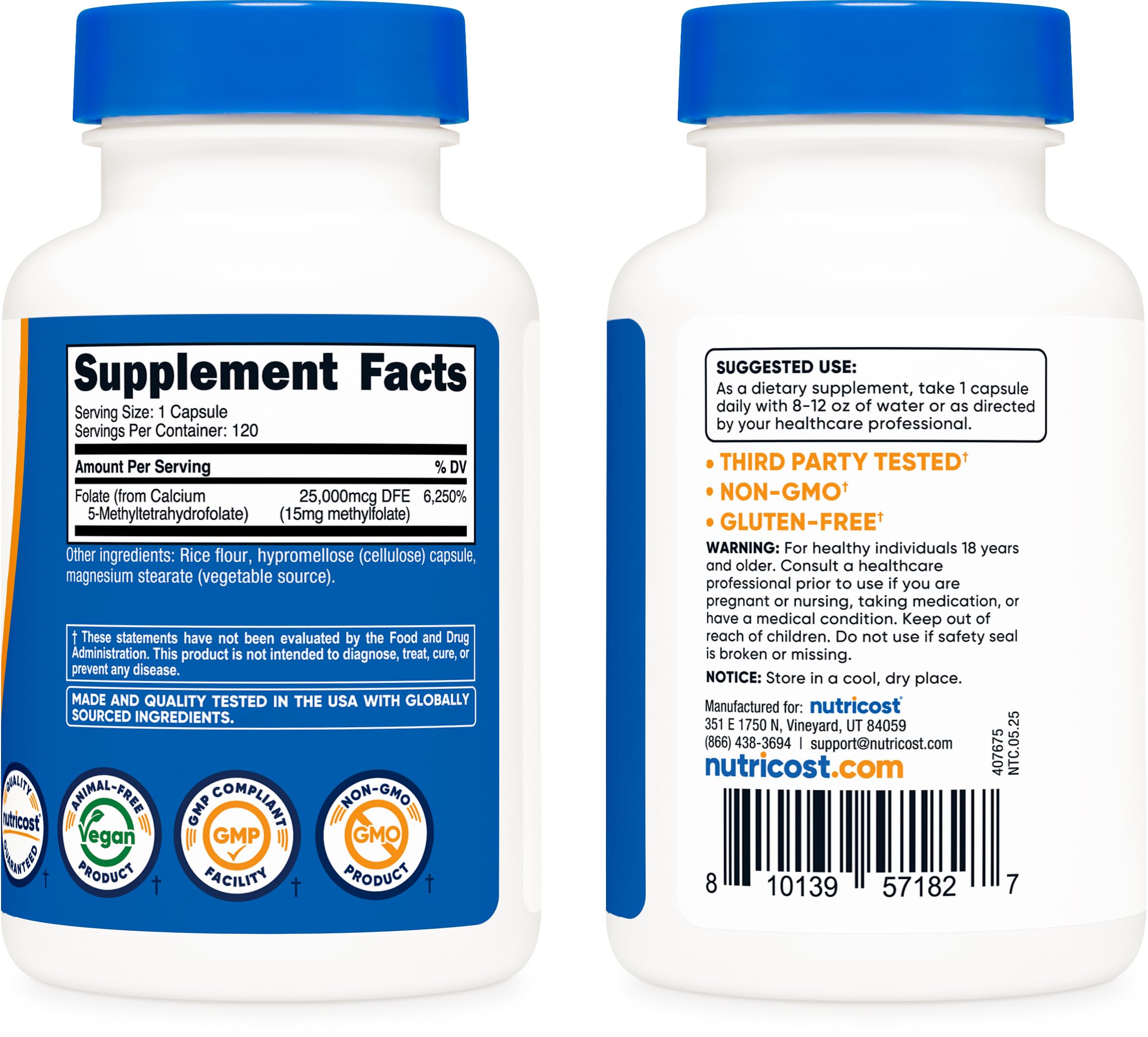 Nutricost L-Methylfolate contents per bottle emphasize extended supply.