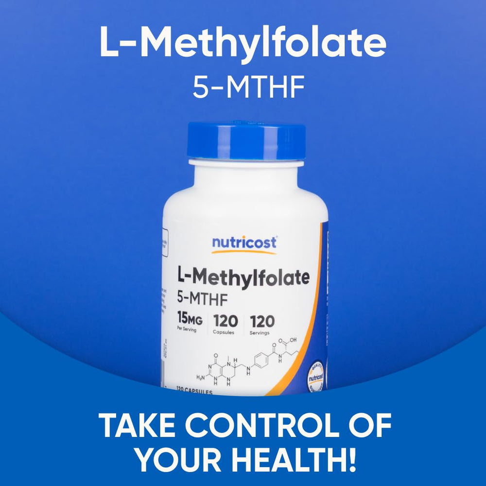 Nutricost L-Methylfolate vegan gluten-free icons appeal to plant-based diets.