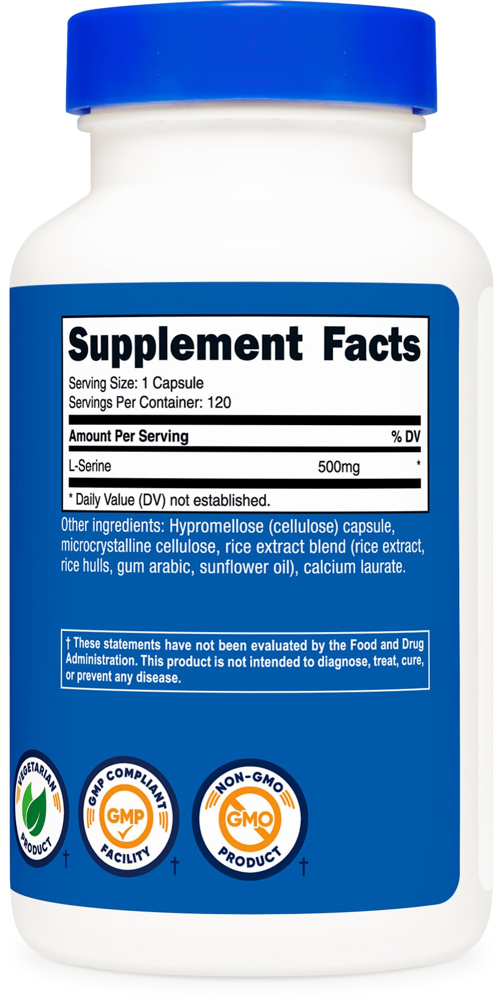Nutricost L-Serine 500mg label showing non-GMO and gluten-free traits