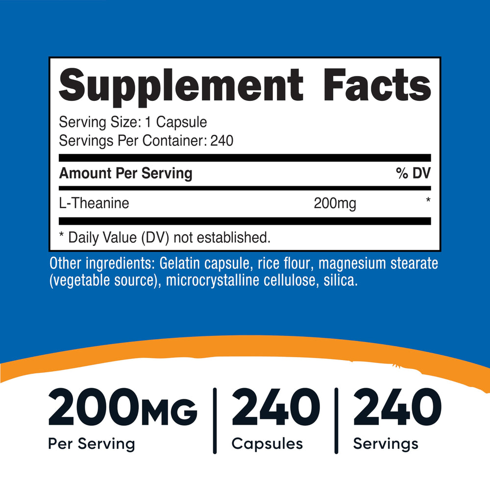 Nutricost L-Theanine 200mg label closeup highlighting dosage and quality.