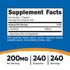 Nutricost L-Theanine 200mg label closeup highlighting dosage and quality.