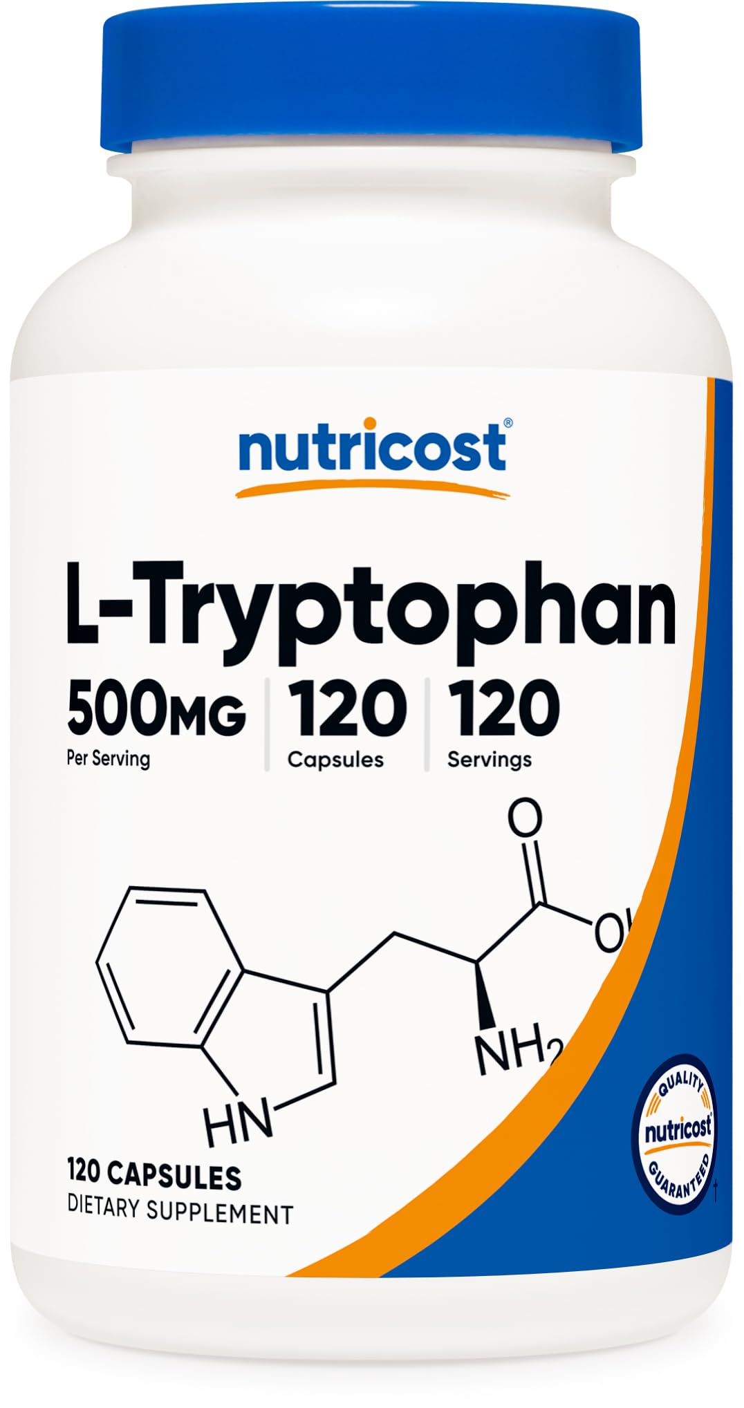 Nutricost L-Tryptophan 500mg bottle close-up for daily wellness.