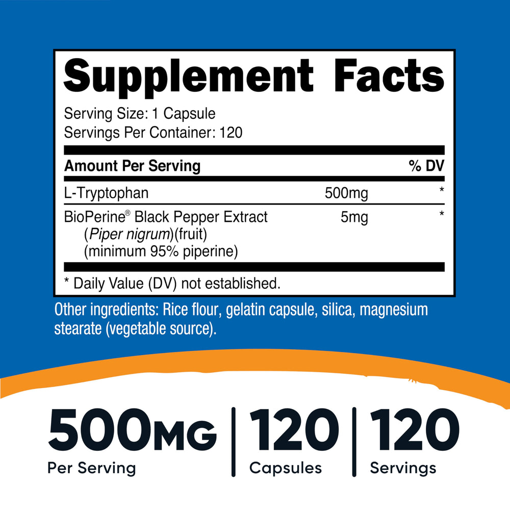 Nutricost L-Tryptophan 500mg capsules arranged for daily use.