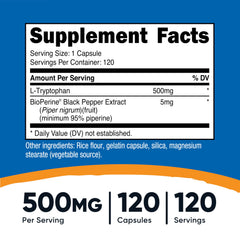 Nutricost L-Tryptophan 500mg capsules arranged for daily use.