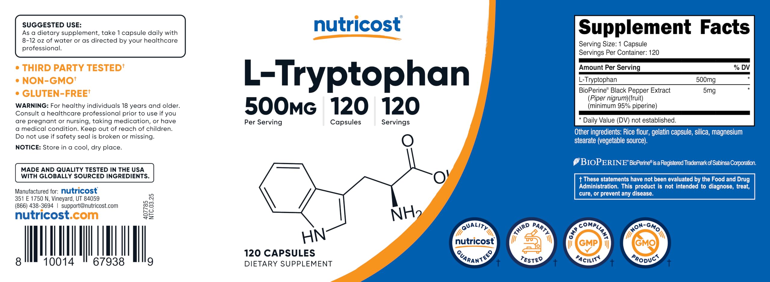 Nutricost L-Tryptophan capsules beside a glass of water for easy dosing.