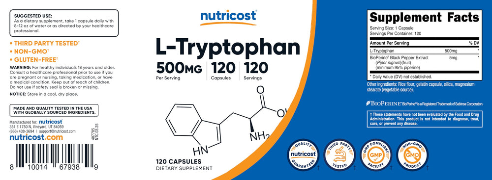 Nutricost L-Tryptophan capsules beside a glass of water for easy dosing.