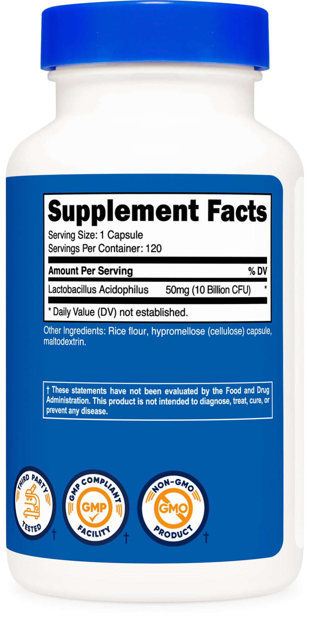 Nutricost Lactobacillus Acidophilus gluten-free non-GMO icon conveys purity