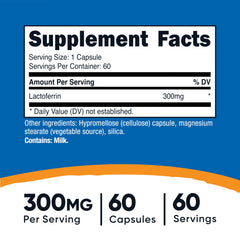 Nutricost Lactoferrin Capsules bottle close-up shows gluten-free packaging.