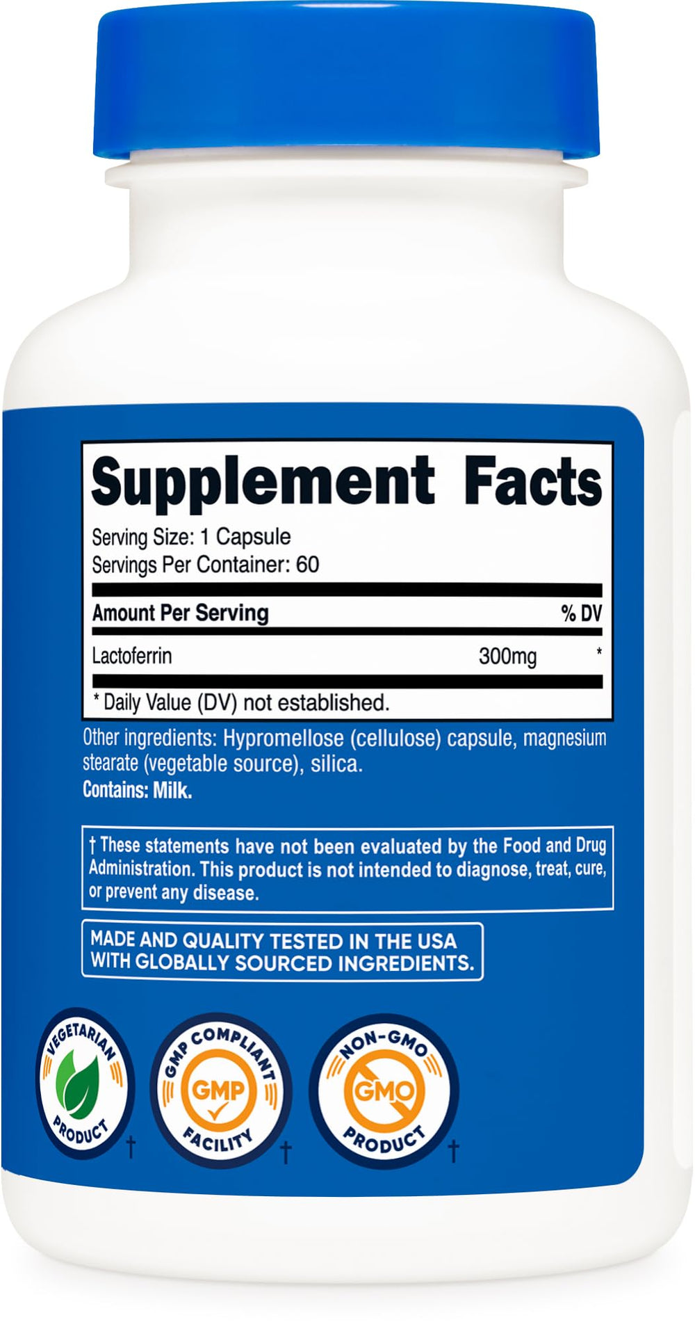 Nutricost Lactoferrin Capsules with glass of water, easy daily use.
