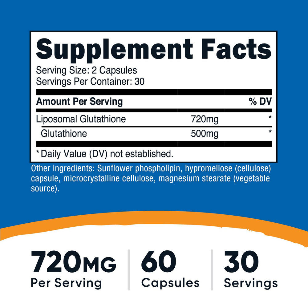 Nutricost Liposomal Glutathione capsules closeup highlighting vegan formula and controlled serving.