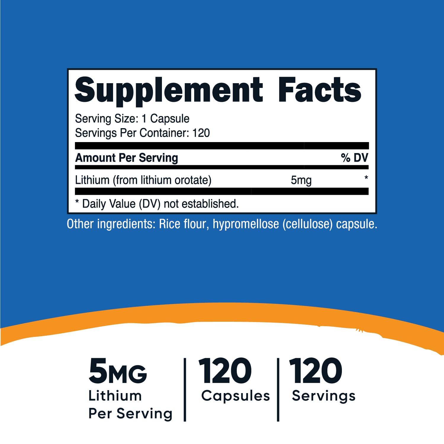 Nutricost Lithium Orotate 5mg capsules, gluten-free and non-GMO.