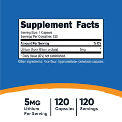 Nutricost Lithium Orotate 5mg capsules, gluten-free and non-GMO.