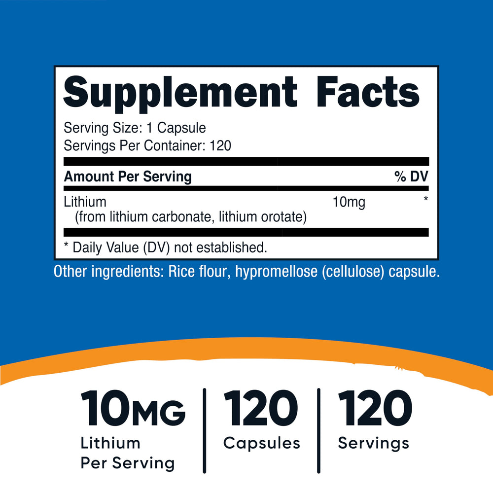 Nutricost lithium orotate capsules close-up highlighting small vegan capsules