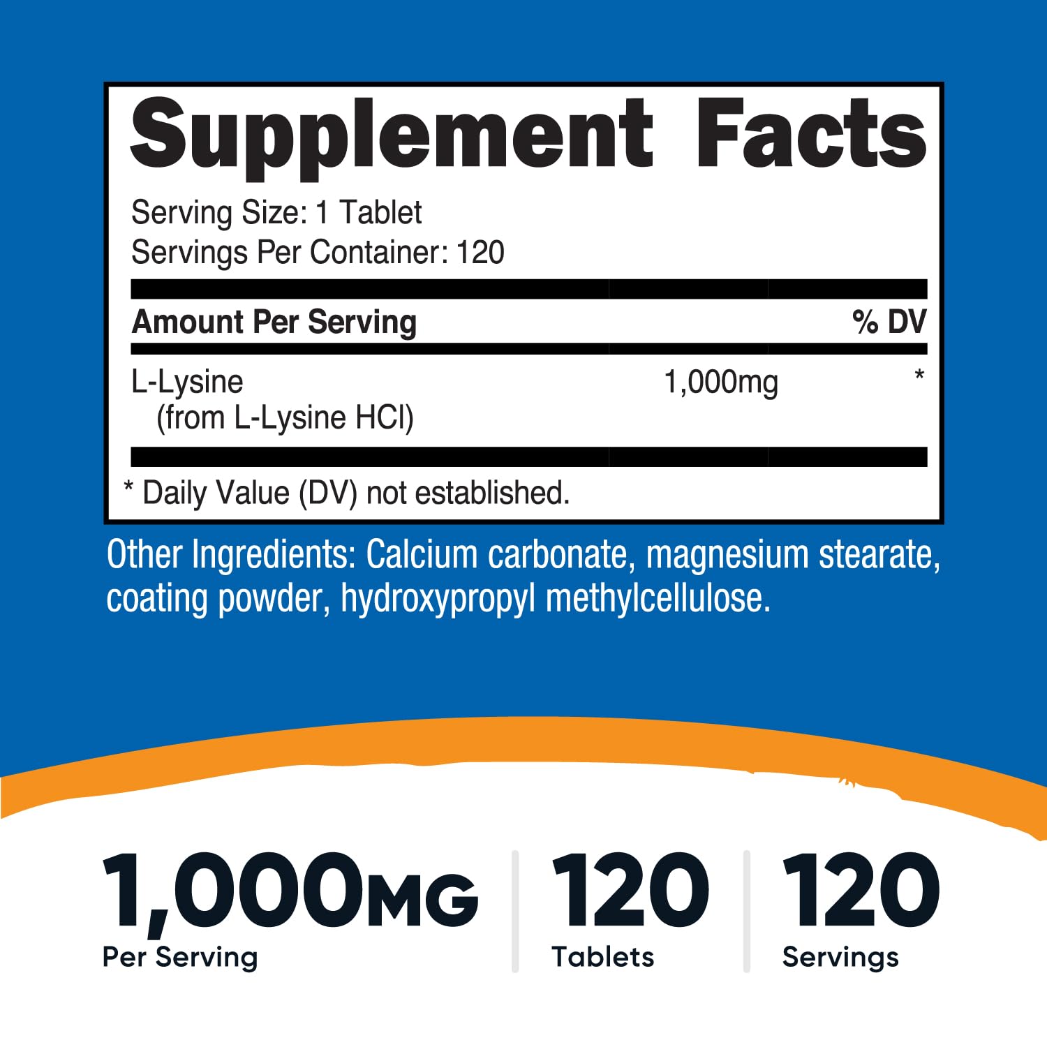 Nutricost L-Lysine 1000mg serving size shows dosage for daily use.