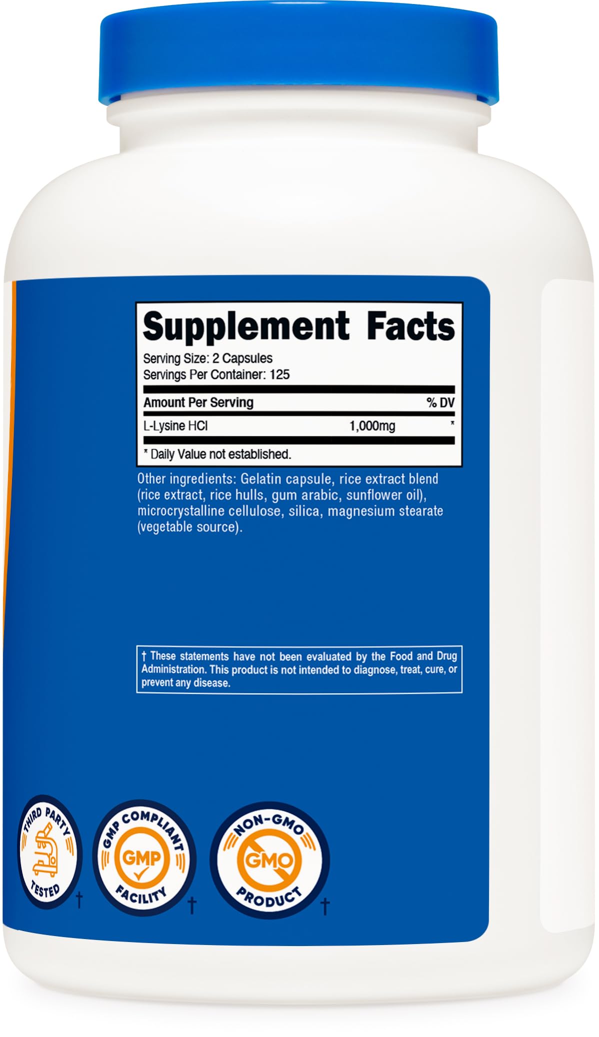 Nutricost L-Lysine capsules dispensing for a two-capsule serving.