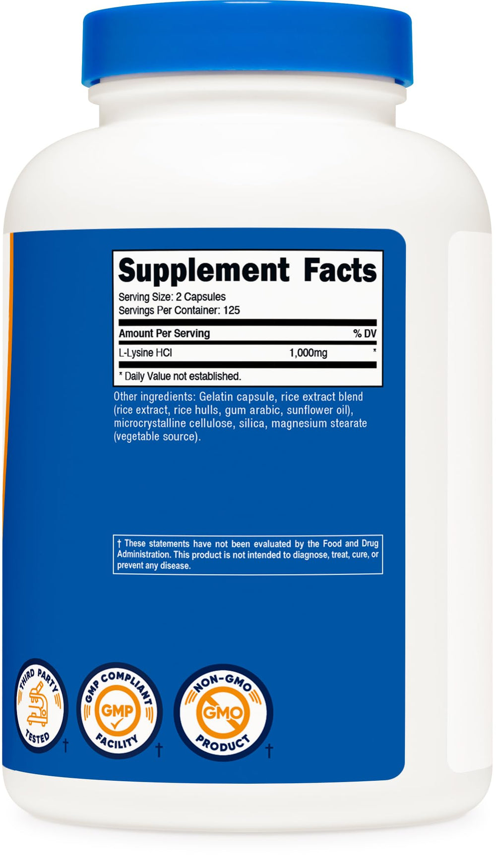 Nutricost L-Lysine capsules dispensing for a two-capsule serving.