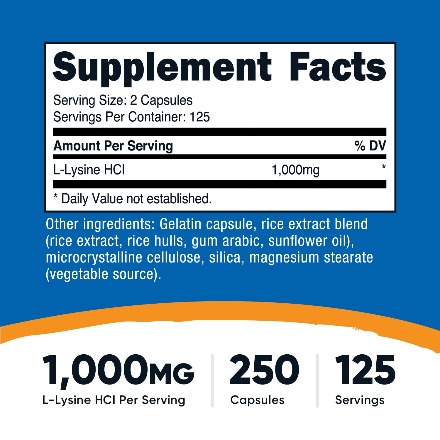 Nutricost L-Lysine capsules close-up showing size.