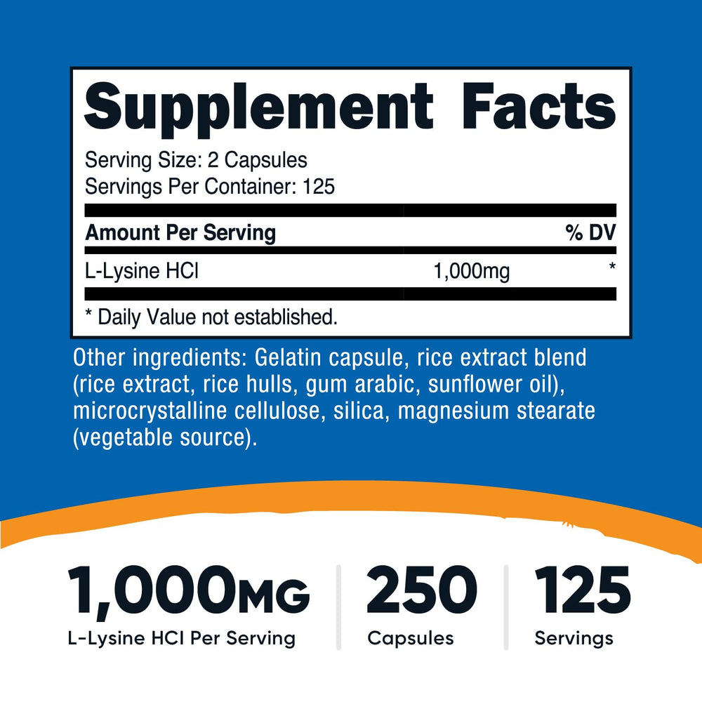 Nutricost L-Lysine capsules close-up showing size.