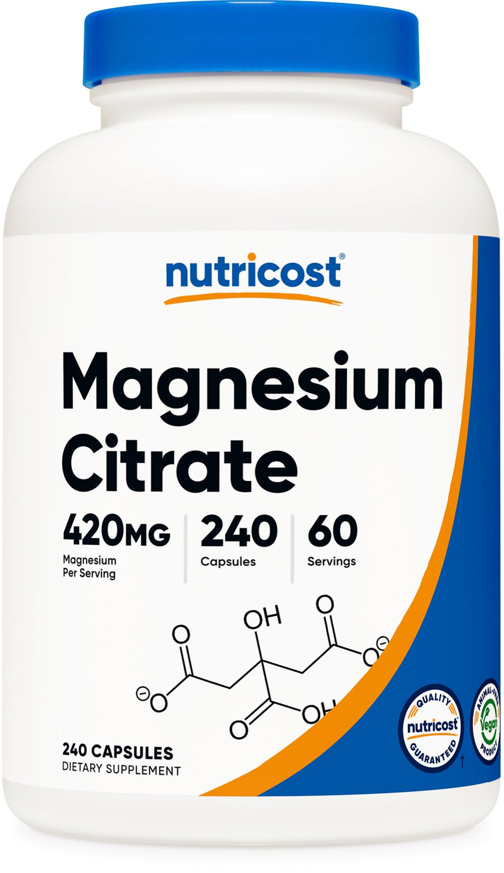 Nutricost Magnesium Citrate 420mg bottle highlights daily serving for balanced nutrition.