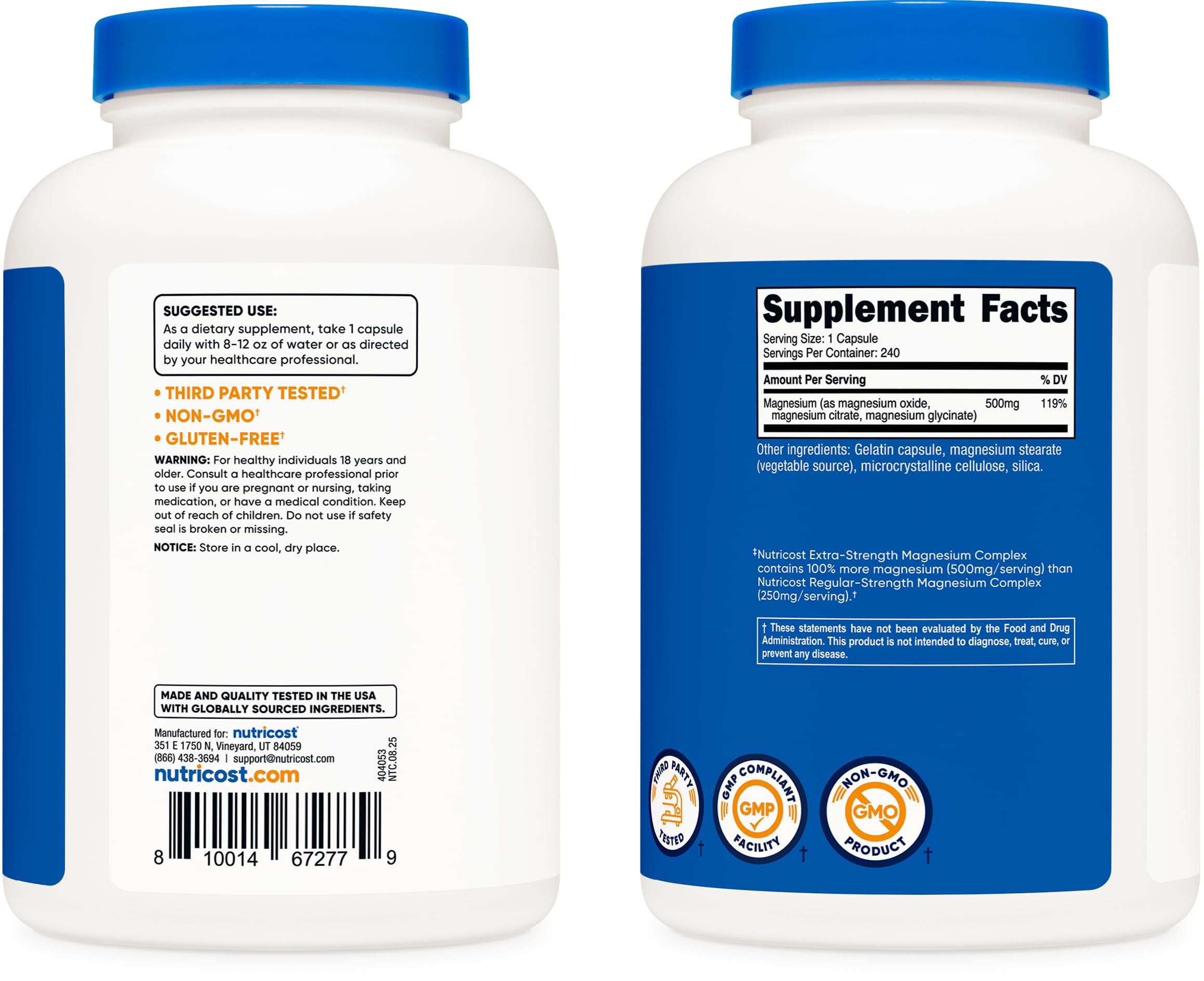 Front label of Nutricost Magnesium Complex with dosage details
