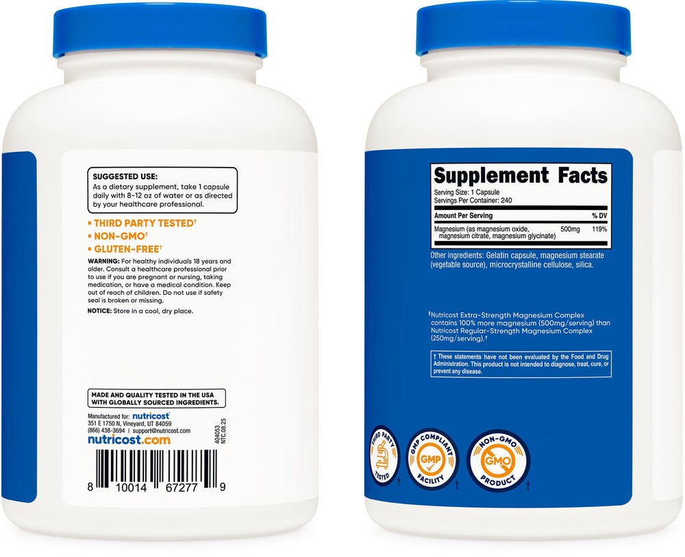 Front label of Nutricost Magnesium Complex with dosage details