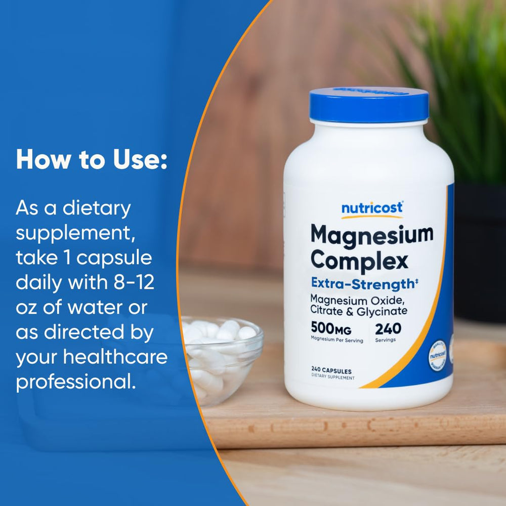 Nutricost Magnesium Complex on desk with water for daily use
