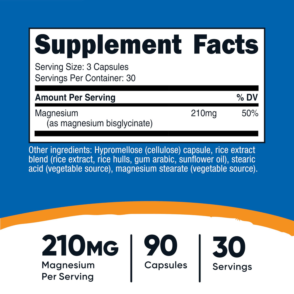 Nutricost Magnesium Glycinate Capsules label highlights GMP and quality.