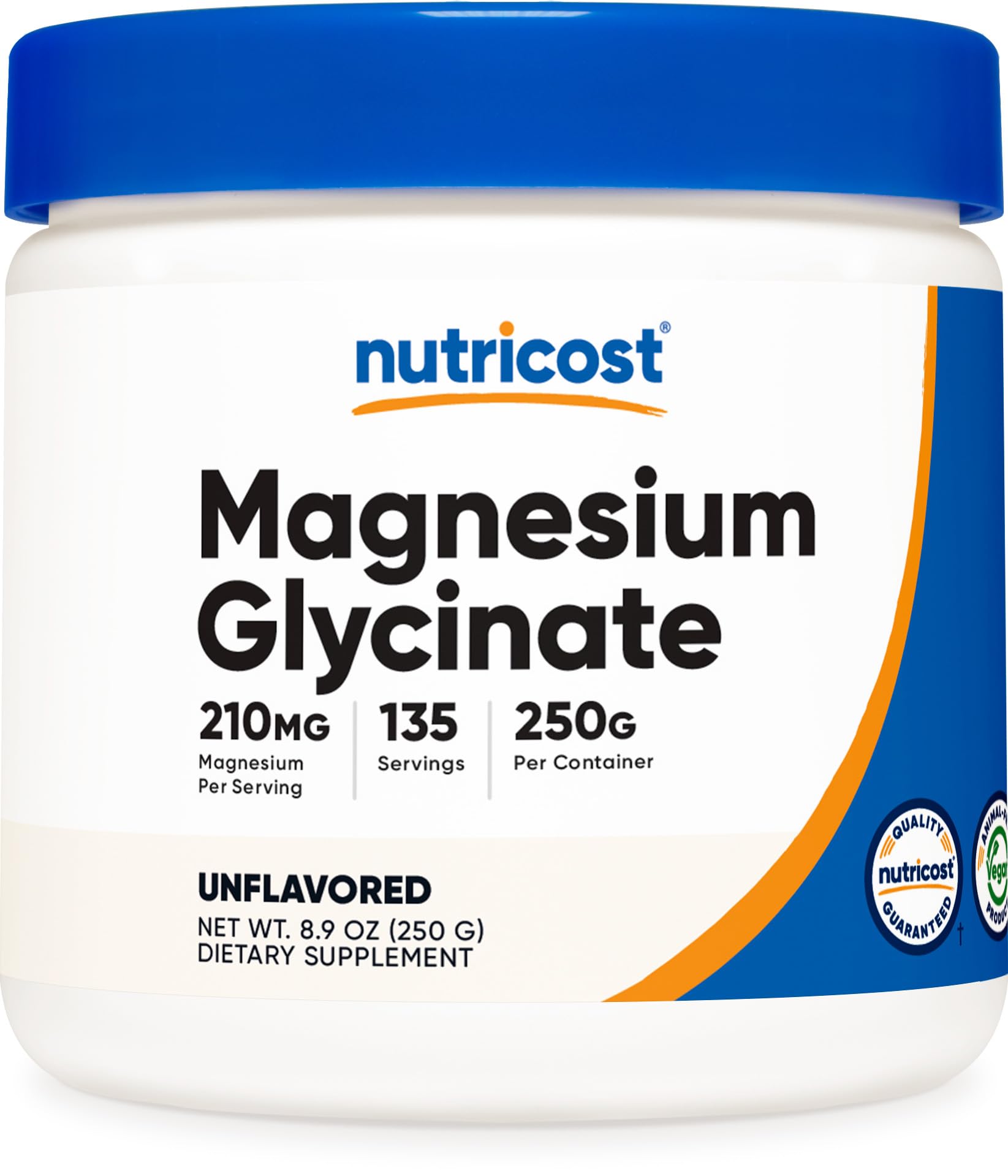 Nutricost Magnesium Glycinate Powder bottle-front highlighting unflavored formula for easy mixing