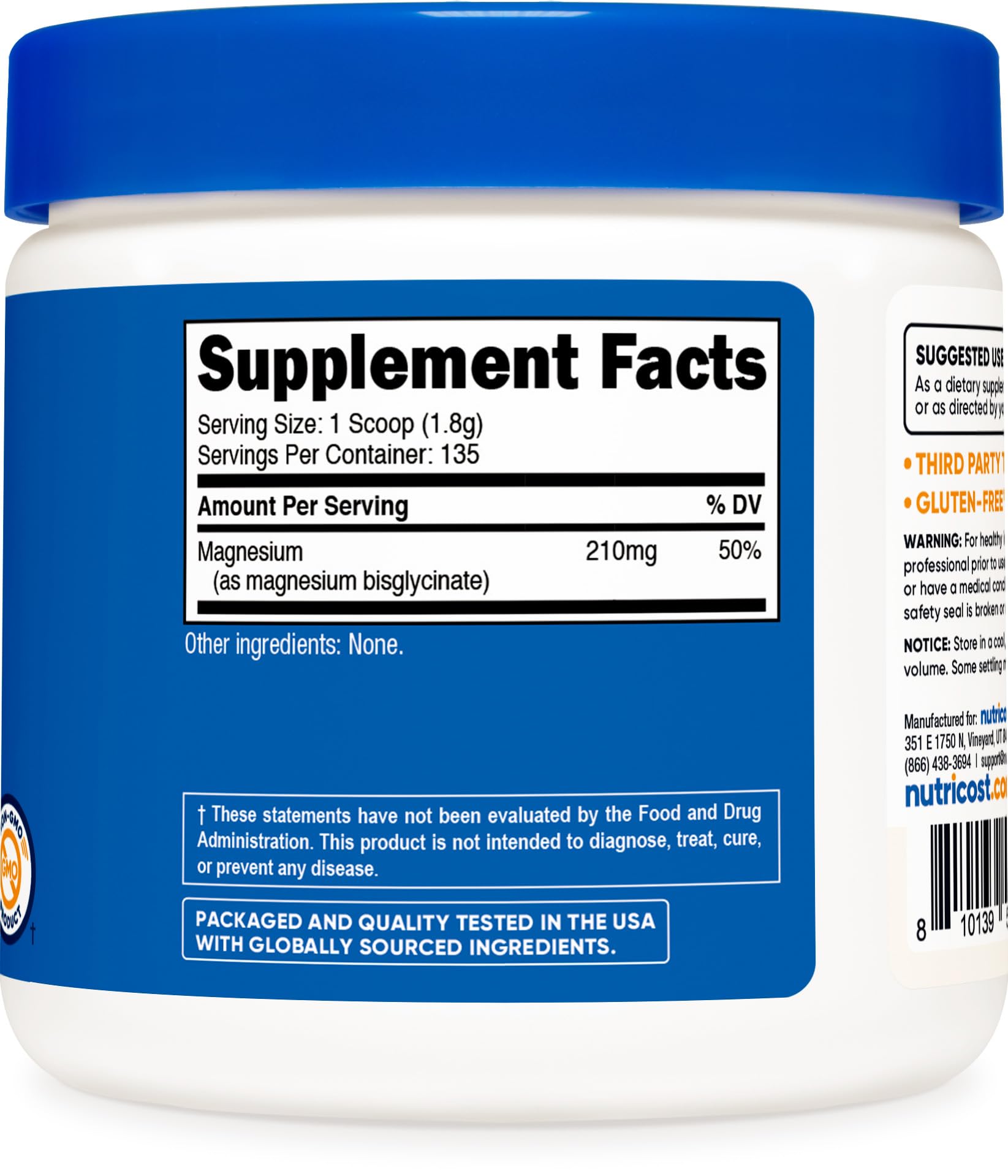 Nutricost Magnesium Glycinate Powder label-closeup emphasizing non-GMO and gluten-free attributes