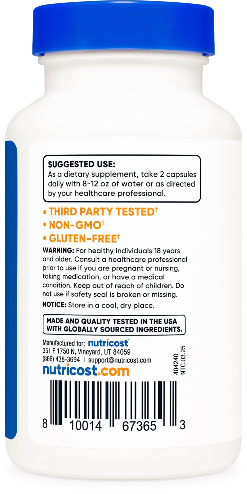 Close-up of Nutricost magnesium orotate capsules cap for easy swallowing