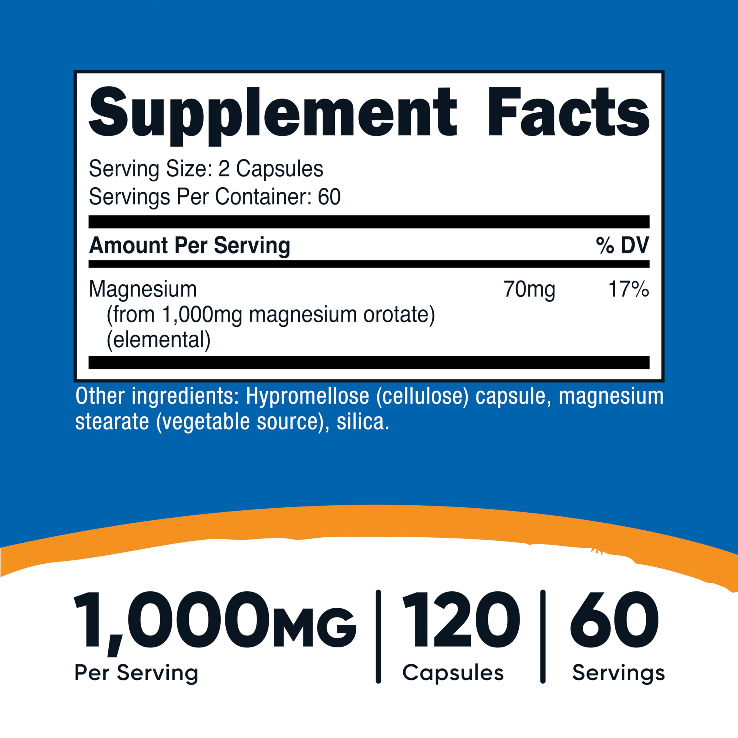 Nutricost magnesium orotate capsules pouring out showing 60 servings