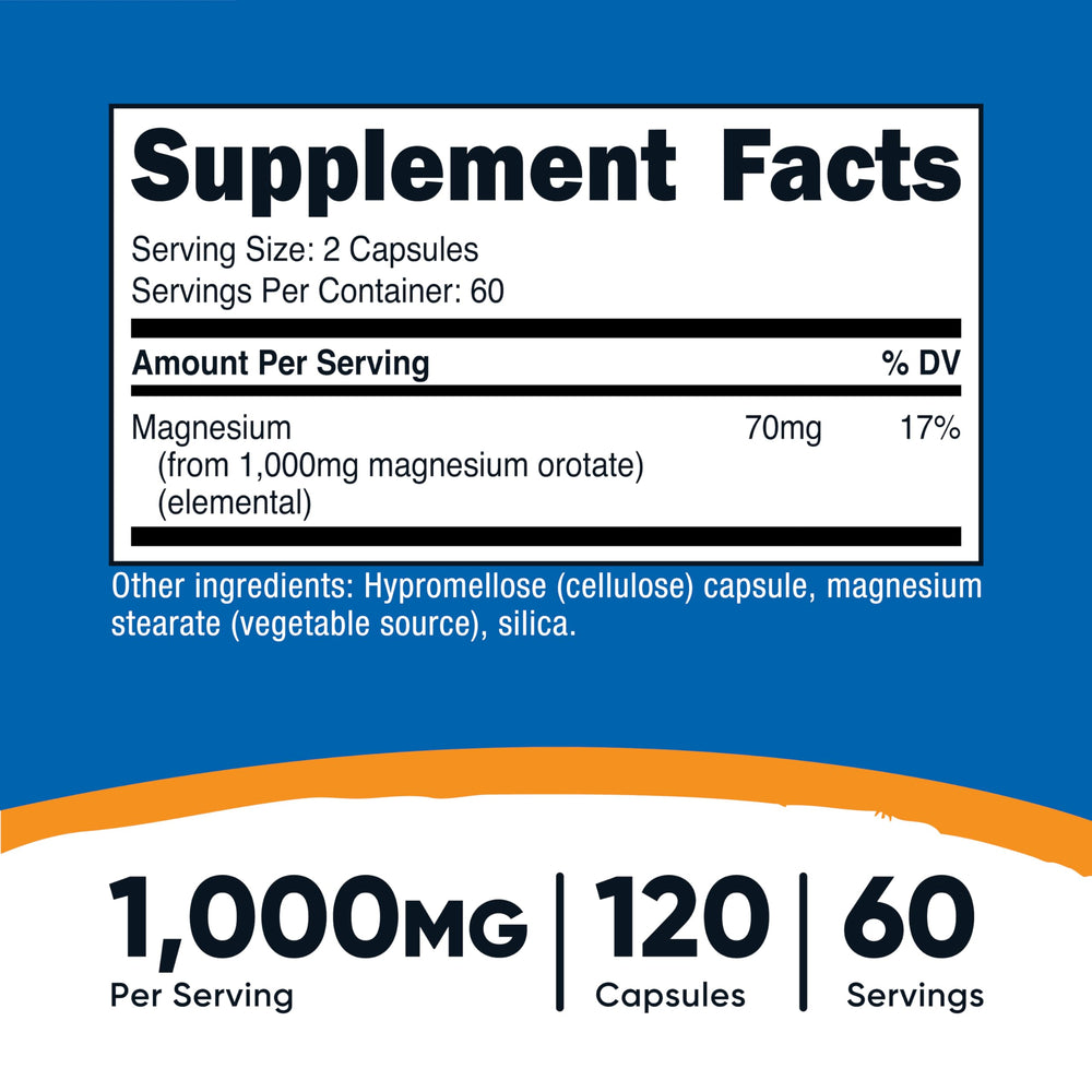 Nutricost magnesium orotate capsules pouring out showing 60 servings