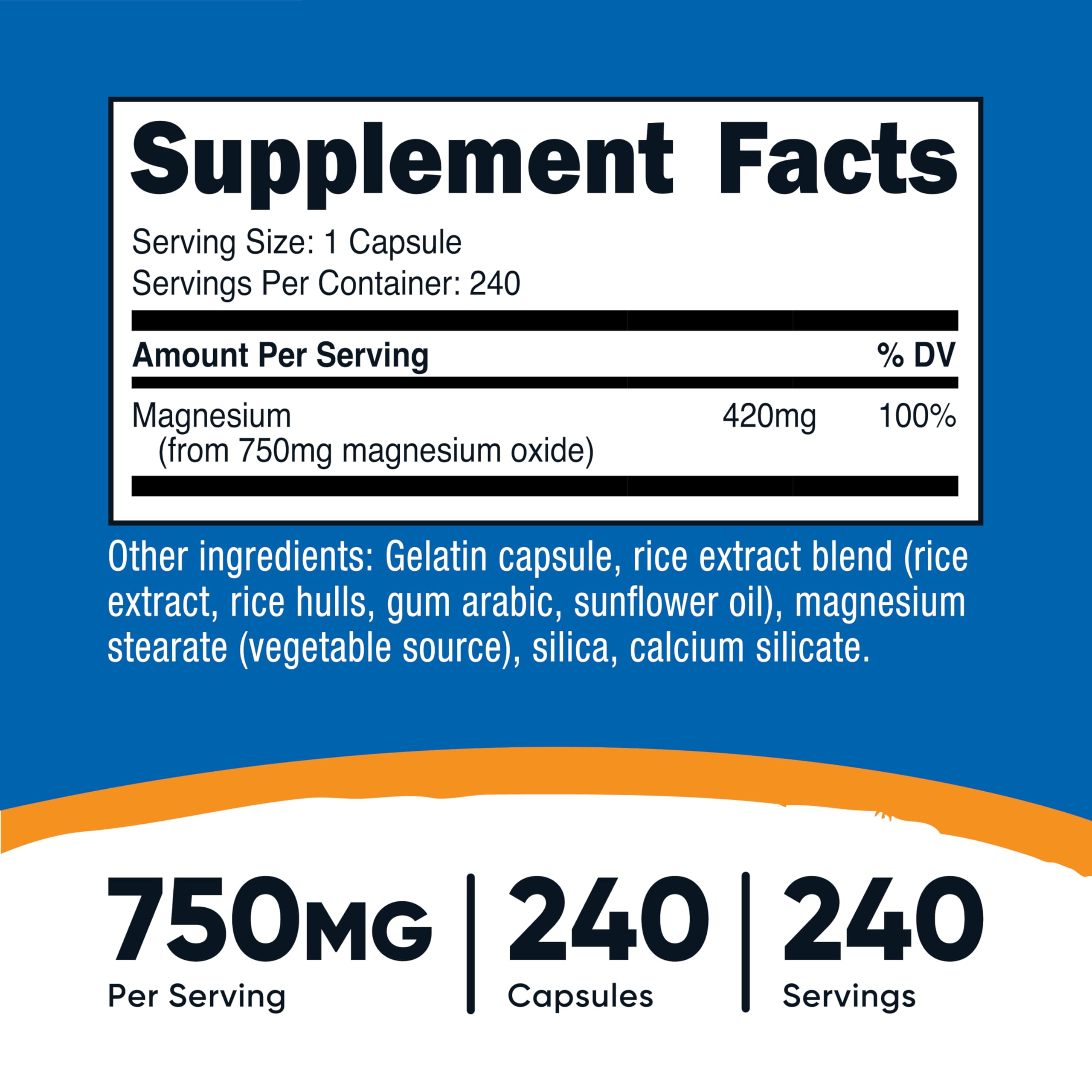 Nutricost Magnesium Oxide 750mg capsules close-up for easy daily use.