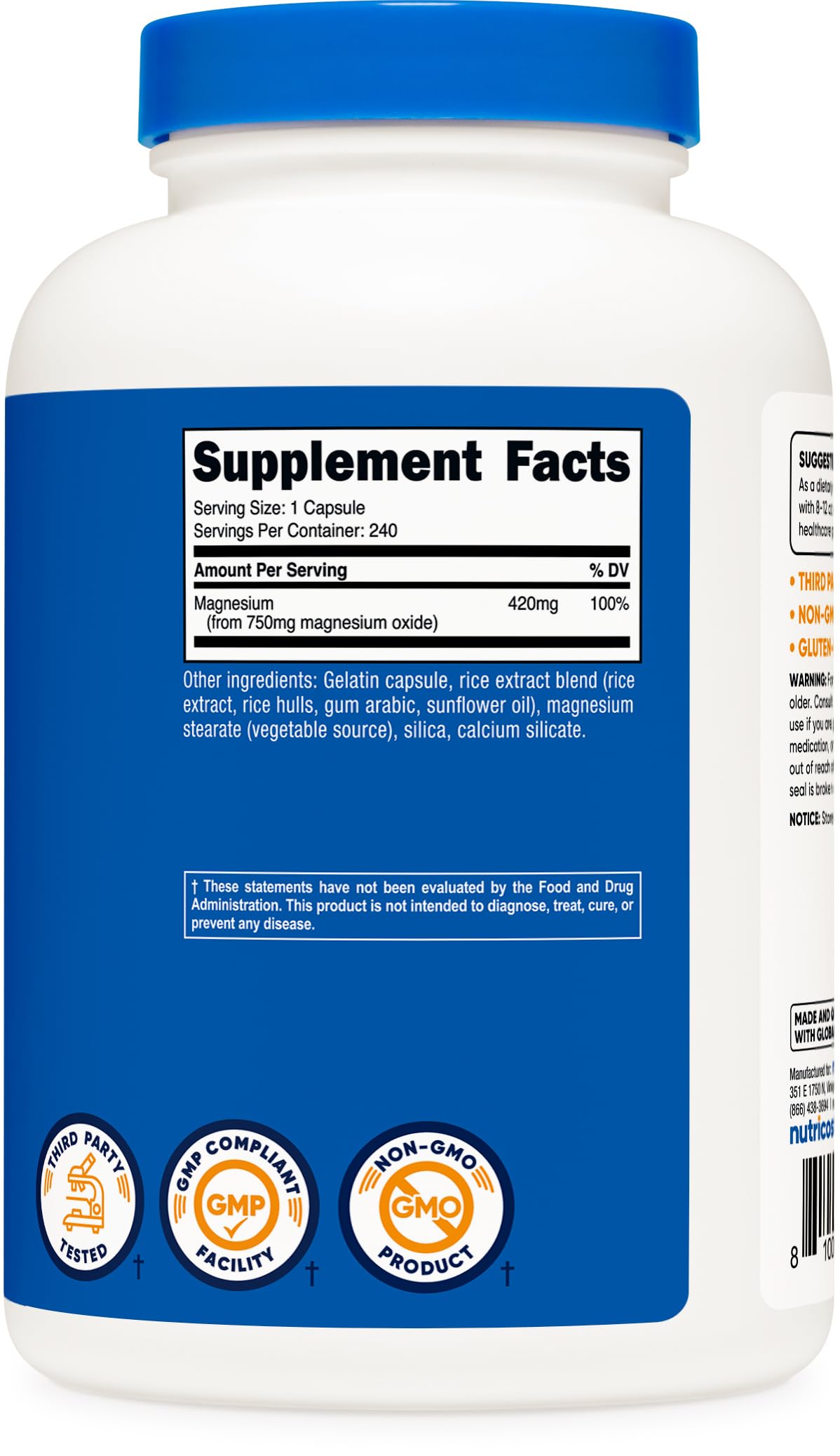 Nutricost Magnesium Oxide 750mg on shelf signifies trusted gluten-free choice.