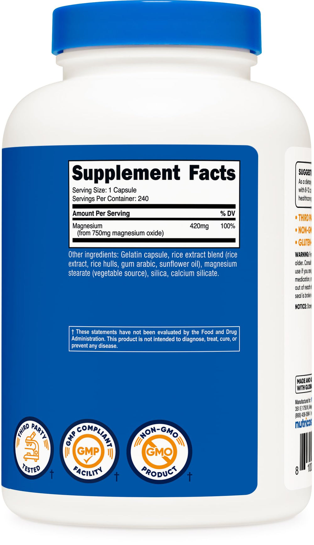 Nutricost Magnesium Oxide 750mg on shelf signifies trusted gluten-free choice.