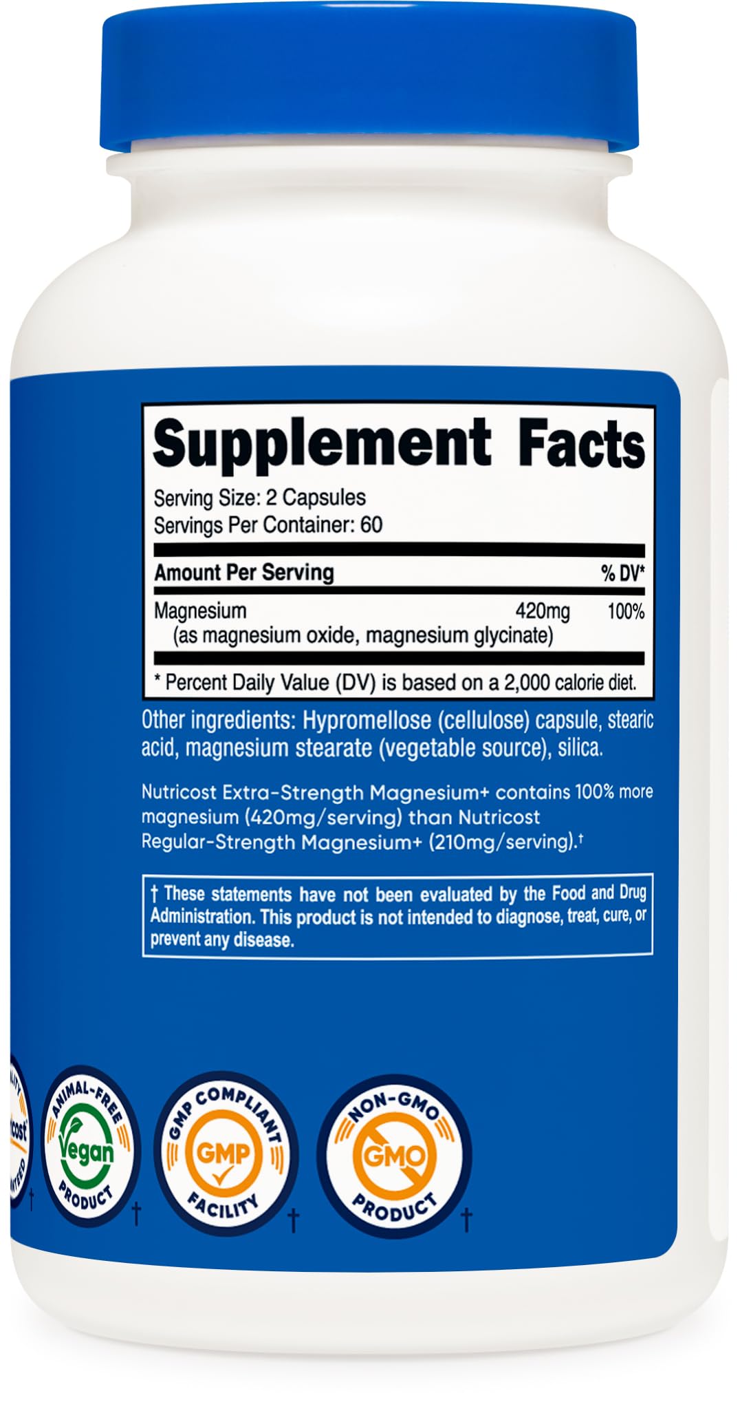 Nutricost Magnesium+ packaging shows non-GMO and gluten-free attributes