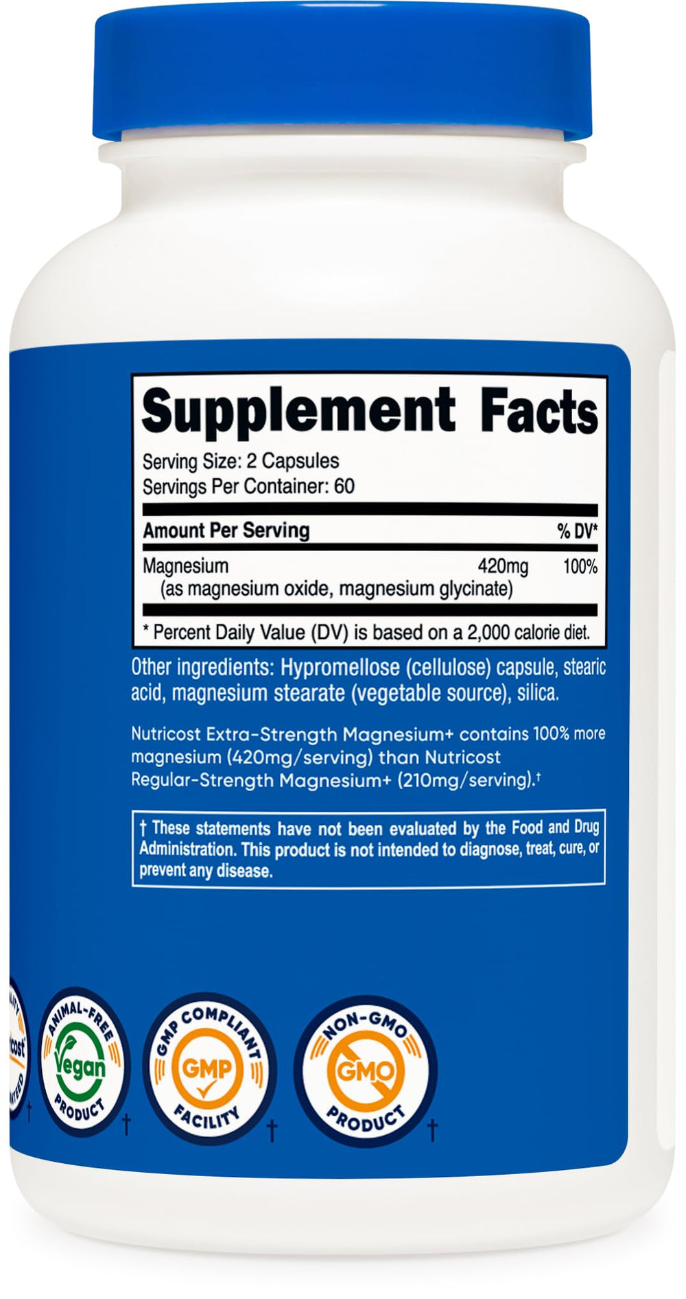 Nutricost Magnesium+ packaging shows non-GMO and gluten-free attributes